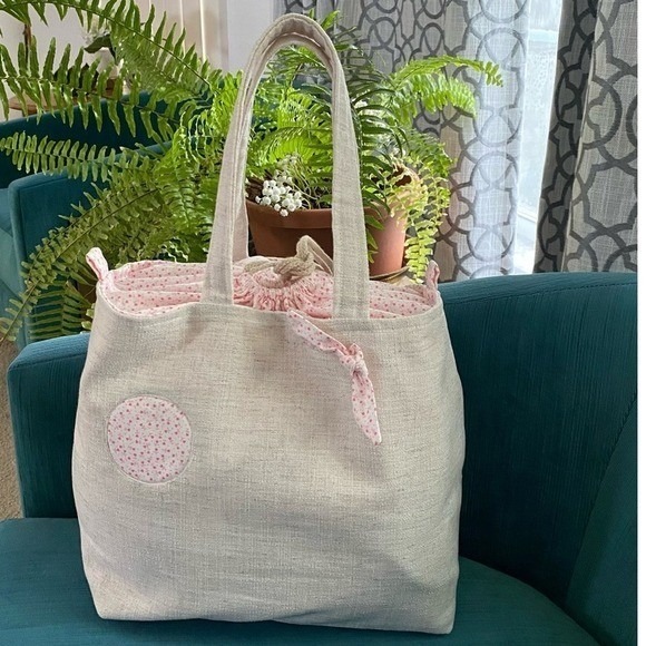 Handmade Handbags - Handmade Linen Tote Bag Pink Floral Heart Drawstring Cottagecore Beige Large